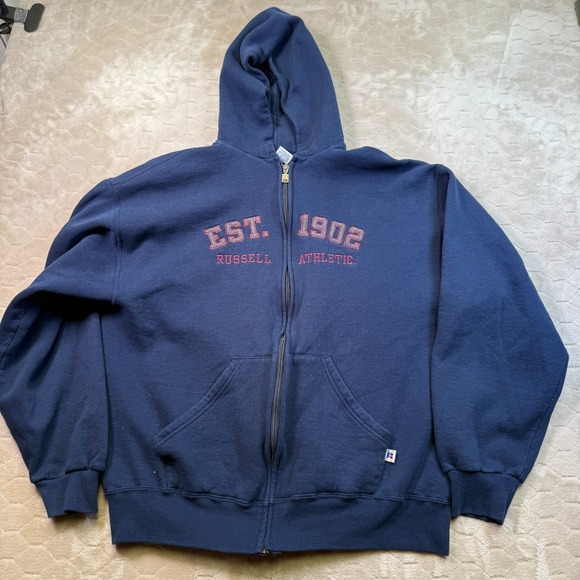 VTG Russell Hoodie Mens Lg Navy Blue Full Zip Embroidered See Pics